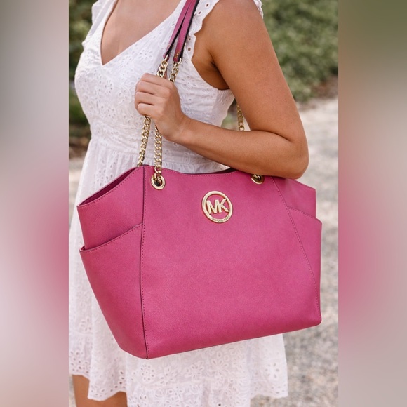 Michael Kors Handbags - Michael Kors Pink Saffiano Leather Tote Gold Chain Shoulder Bag